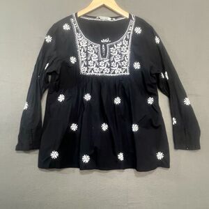 Ayurvastram Women's Top Large Black White Embroidery Boho Peasant Shirt Blouse